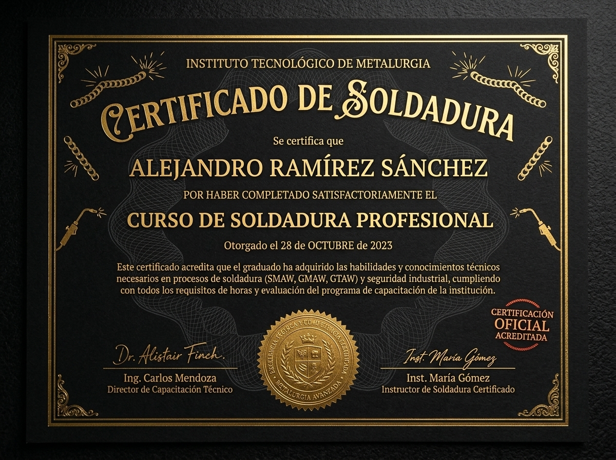 Certificado de finalización del Desafío Maestro de la Soldadura